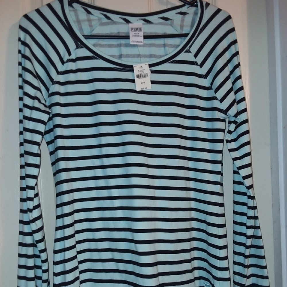 PINK‎ Victoria's Secret Women's Black Green Stripe Long Sleeve Shirt Medium NWT